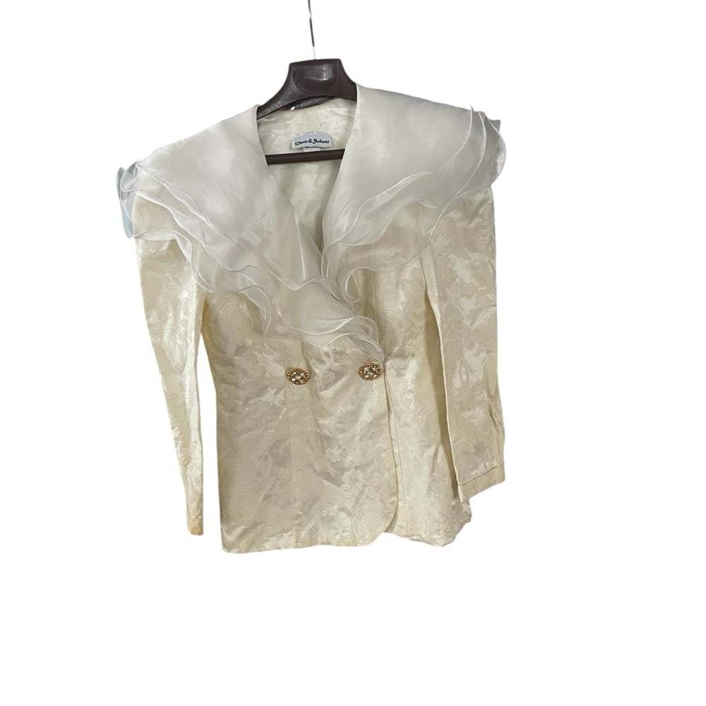 Vtg Dave & Johnny Blazer Sheer Ruffled Collar Jacket Sz 9-10 Women’s Ivory Gold